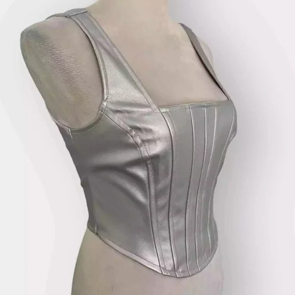NWOT Japna Metallic Silver Zip Up Corset Faux Leather Crop Bustier Sz S - Picture 6 of 12